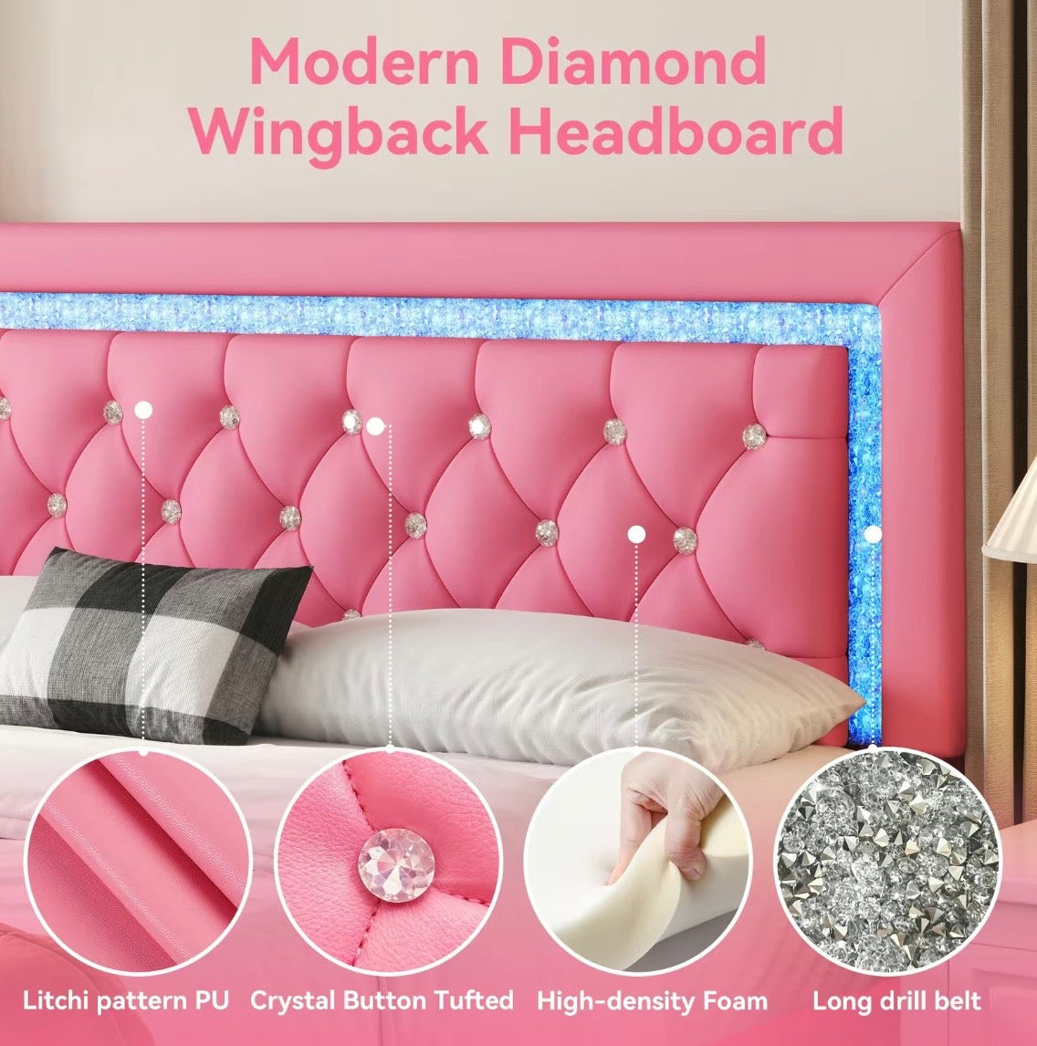 TryLazy: Floating L.E.D Bed Frame w/ Tuffed Headboard