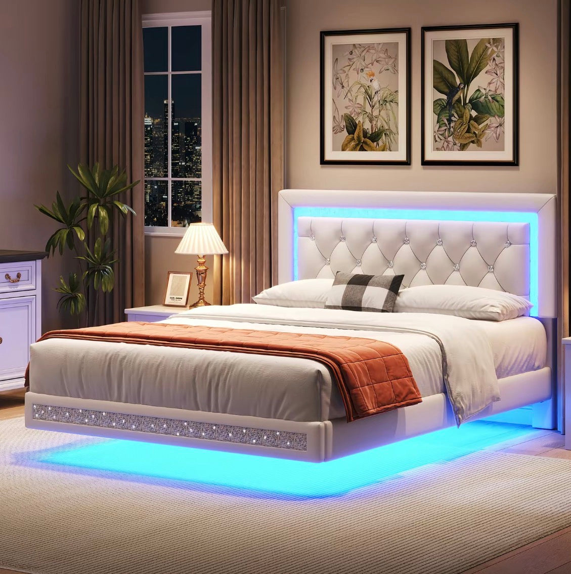 TryLazy: Floating L.E.D Bed Frame w/ Tuffed Headboard