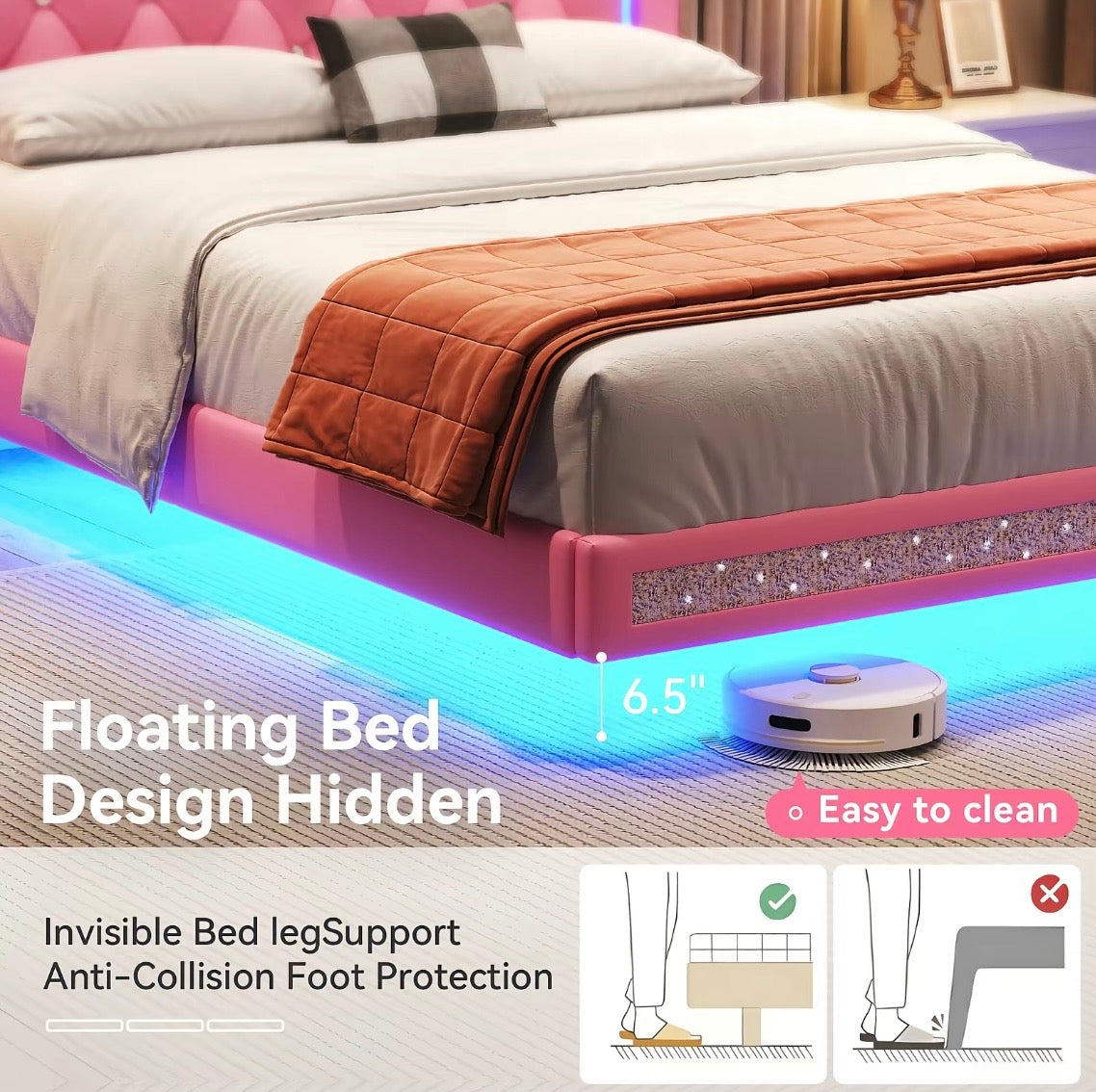 TryLazy: Floating L.E.D Bed Frame w/ Tuffed Headboard