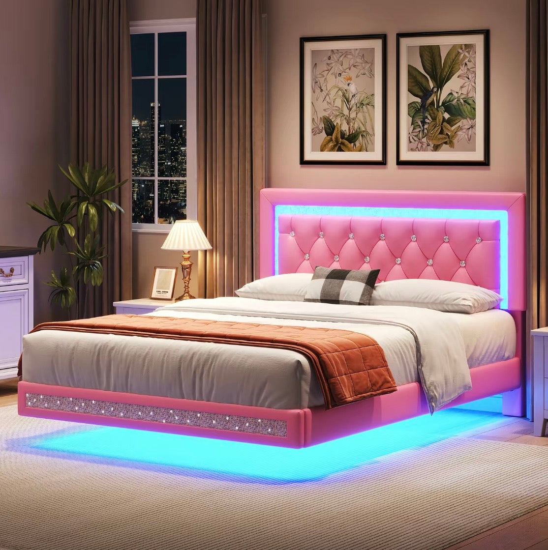 TryLazy: Floating L.E.D Bed Frame w/ Tuffed Headboard